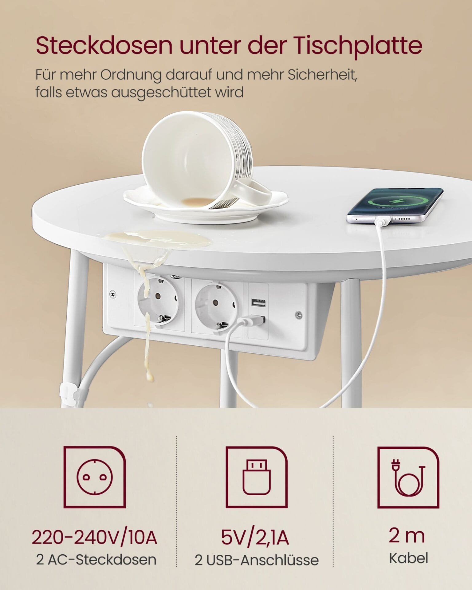 Soffbord, Sidobord med Tygkorg, För Vardagsrum, Sovrum, Sängbord, Vit Och Kamelbrun 4 Soffbord, Sidobord med Tygkorg, För Vardagsrum, Sovrum, Sängbord, Vit Och Kamelbrun - Bild 4