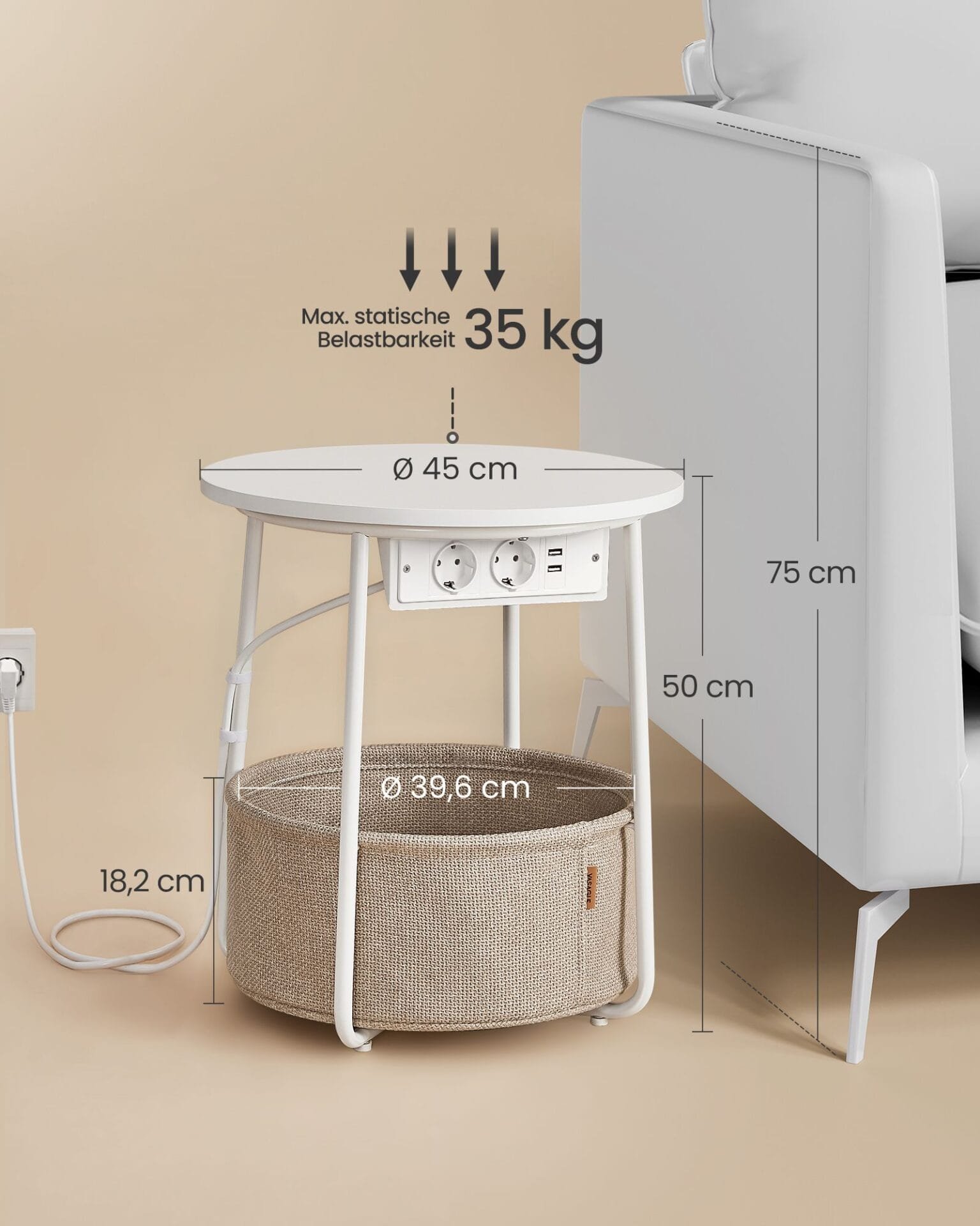Soffbord, Sidobord med Tygkorg, För Vardagsrum, Sovrum, Sängbord, Vit Och Kamelbrun 5 Soffbord, Sidobord med Tygkorg, För Vardagsrum, Sovrum, Sängbord, Vit Och Kamelbrun - Bild 5