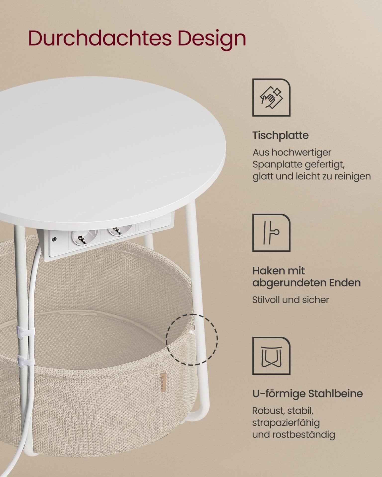 Soffbord, Sidobord med Tygkorg, För Vardagsrum, Sovrum, Sängbord, Vit Och Kamelbrun 6 Soffbord, Sidobord med Tygkorg, För Vardagsrum, Sovrum, Sängbord, Vit Och Kamelbrun - Bild 6