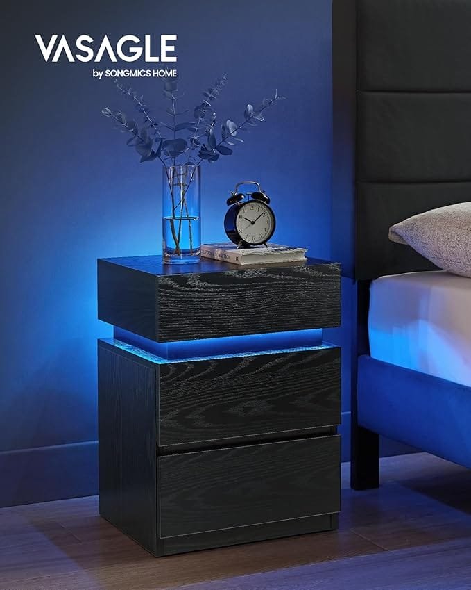 Sängbord med LED-belysning, Sidobord, Sängskåp, Soffbord, Svart med Ådring 4 Sängbord med LED-belysning, Sidobord, Sängskåp, Soffbord, Svart med Ådring - Bild 4