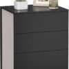 Sängbord med 3 lådor i svart och beige, modern design.