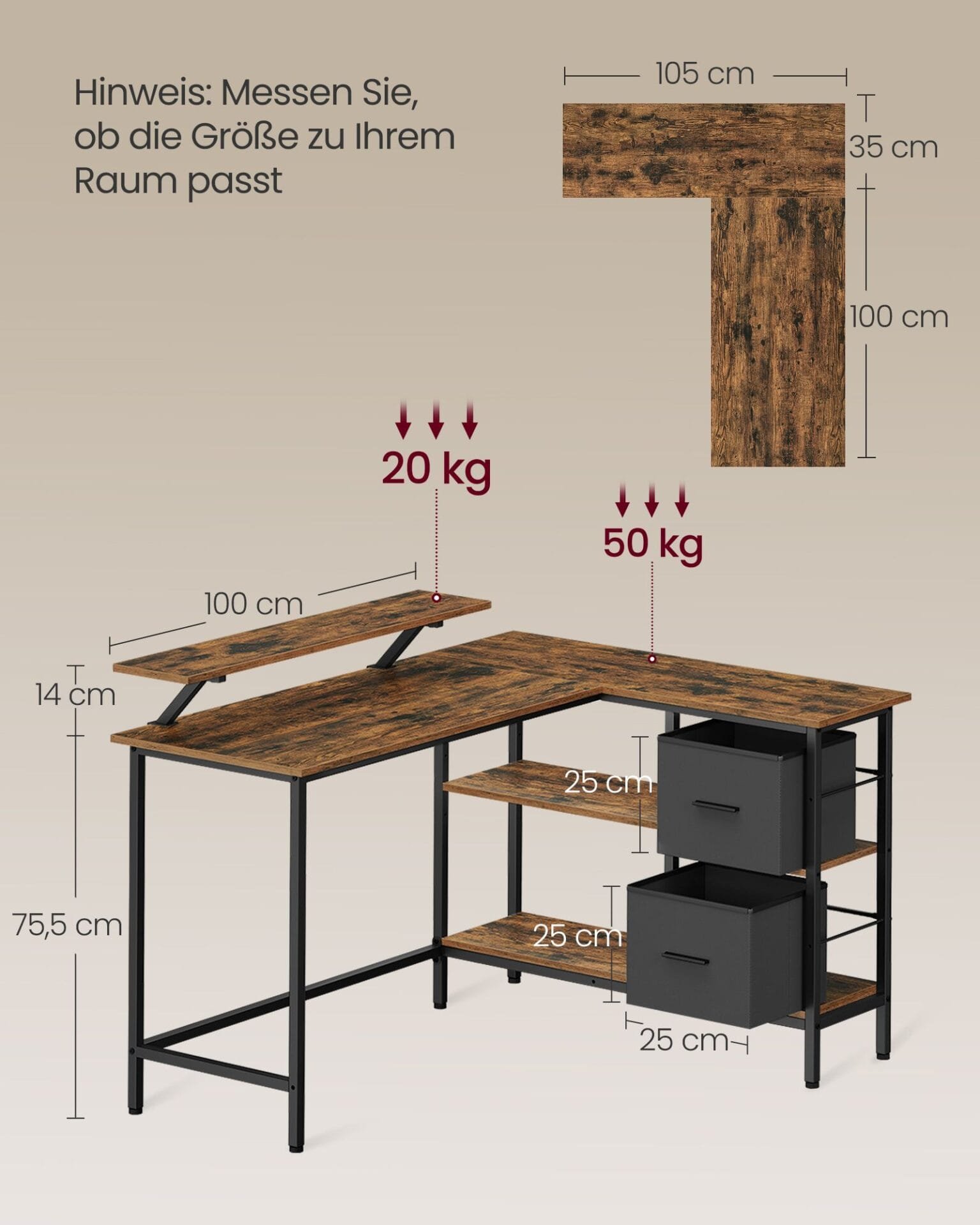L-format Skrivbord med 2 Rymliga Lådor, Spelbord, För Hemmakontor, Rustik Brun 6 L-format Skrivbord med 2 Rymliga Lådor, Spelbord, För Hemmakontor, Rustik Brun - Bild 6