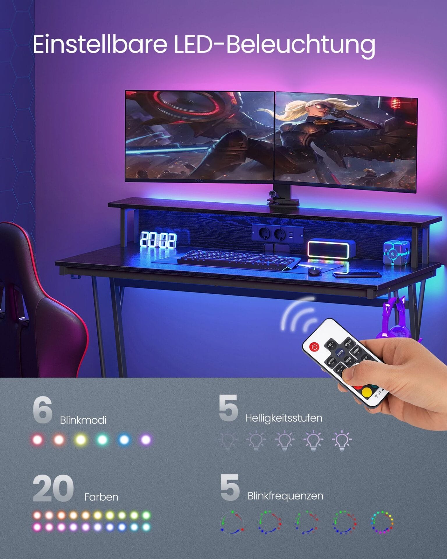 Spelbord med Led, Gamerbord, Datorbord med Skärmhöjare, För 2 Datorer, Klassisk Svart 4 Spelbord med Led, Gamerbord, Datorbord med Skärmhöjare, För 2 Datorer, Klassisk Svart - Bild 4