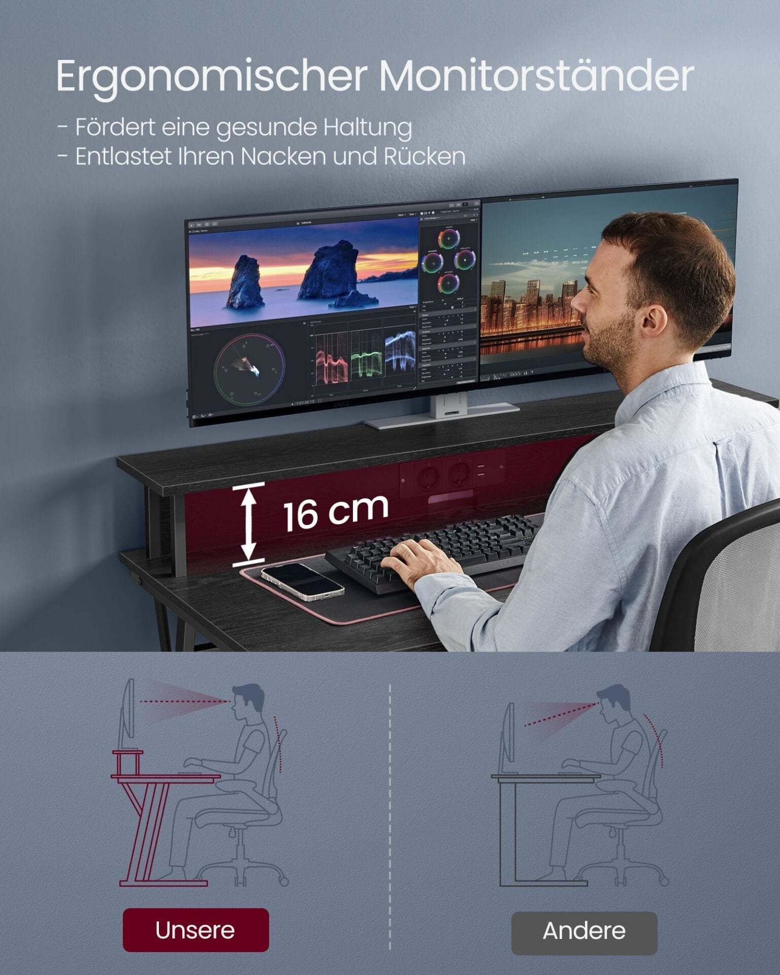 Spelbord med Led, Gamerbord, Datorbord med Skärmhöjare, För 2 Datorer, Klassisk Svart 6 Spelbord med Led, Gamerbord, Datorbord med Skärmhöjare, För 2 Datorer, Klassisk Svart - Bild 6