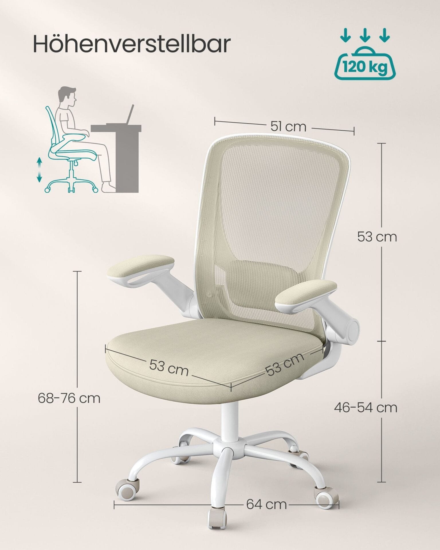 Mesh Skrivbordsstol, Ergonomisk Datorstol, Svankstöd, Uppfällbart Armstöd, Havregrynsbeige 5 Mesh Skrivbordsstol, Ergonomisk Datorstol, Svankstöd, Uppfällbart Armstöd, Havregrynsbeige - Bild 5