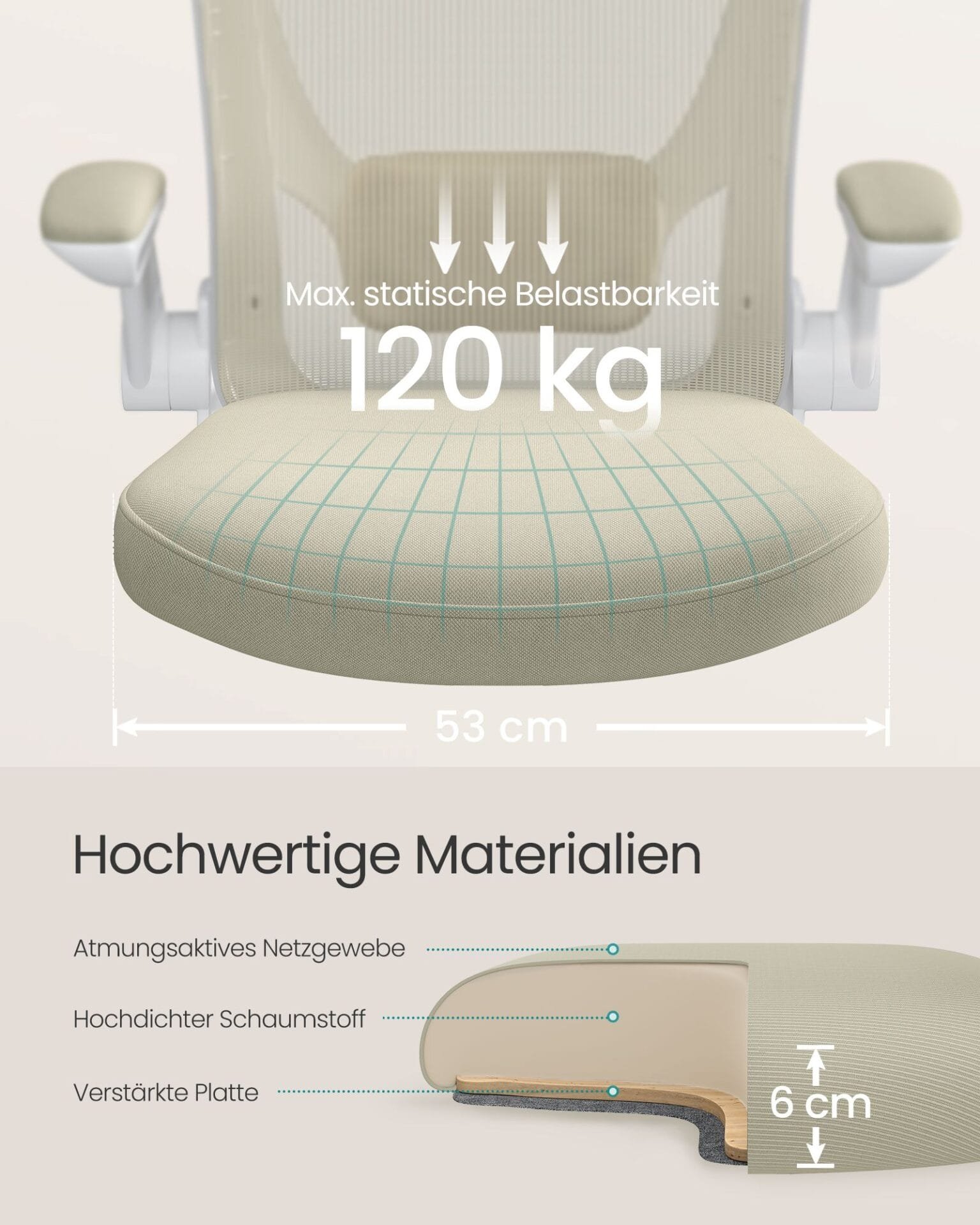 Mesh Skrivbordsstol, Ergonomisk Datorstol, Svankstöd, Uppfällbart Armstöd, Havregrynsbeige 6 Mesh Skrivbordsstol, Ergonomisk Datorstol, Svankstöd, Uppfällbart Armstöd, Havregrynsbeige - Bild 6