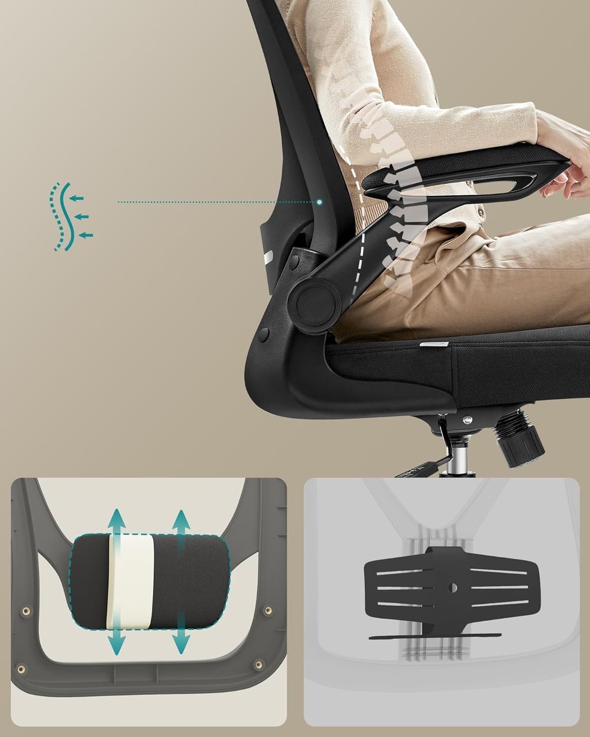 Kontorsstol Ergonomisk Skrivbordsstol Snurrstol med Mesh Vadderat Svankstöd - Bläcksvart 3 Kontorsstol Ergonomisk Skrivbordsstol Snurrstol med Mesh Vadderat Svankstöd - Bläcksvart - Bild 3