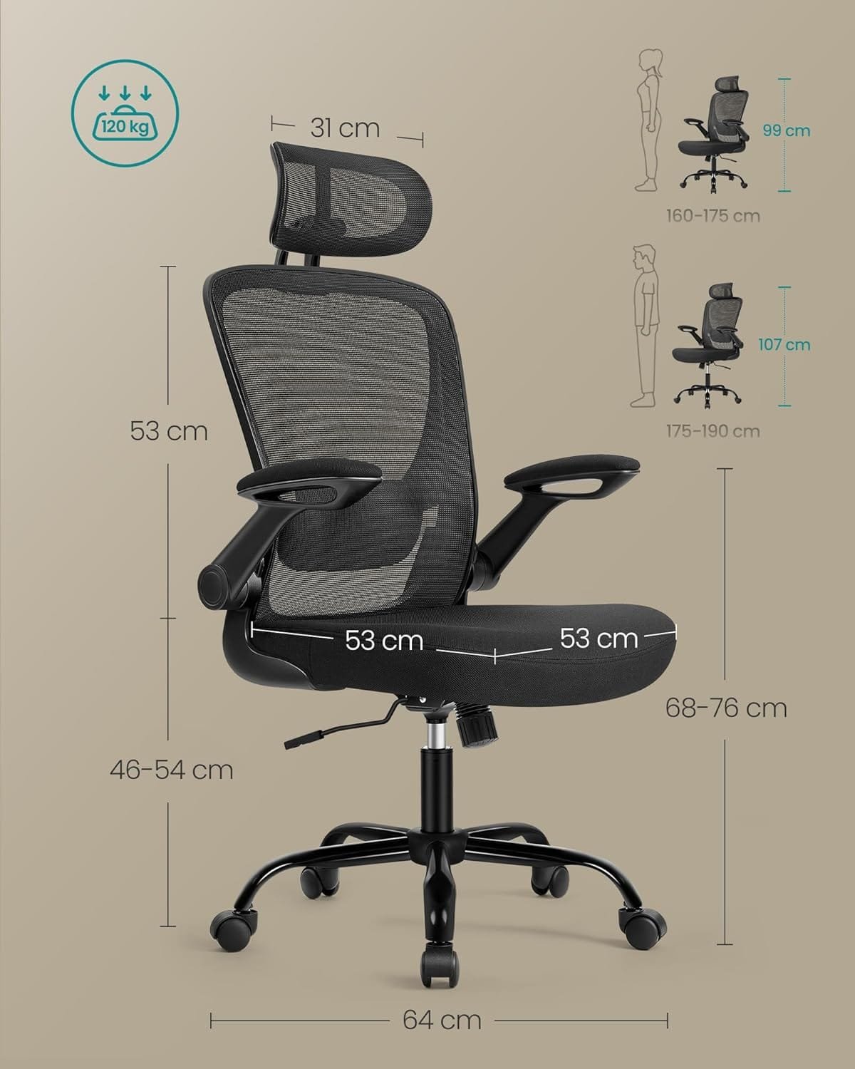 Kontorsstol Ergonomisk Skrivbordsstol Snurrstol med Mesh Vadderat Svankstöd - Bläcksvart 5 Kontorsstol Ergonomisk Skrivbordsstol Snurrstol med Mesh Vadderat Svankstöd - Bläcksvart - Bild 5