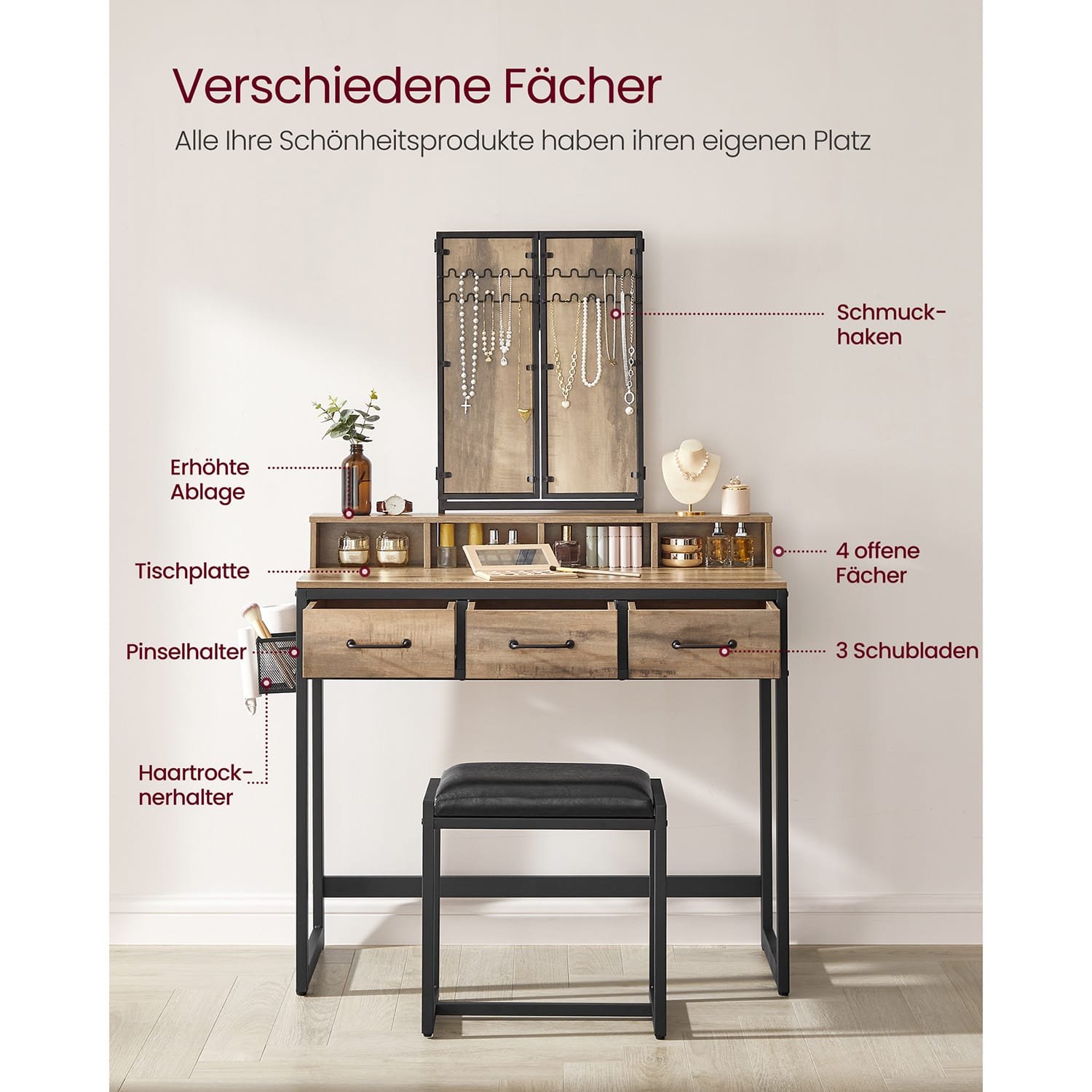 Sminkbord med Vadderad Pall, Trippelspegel, Kosmetikabord, Industriell Stil, Ekbrun/svart 3 Sminkbord med Vadderad Pall, Trippelspegel, Kosmetikabord, Industriell Stil, Ekbrun/svart - Bild 3