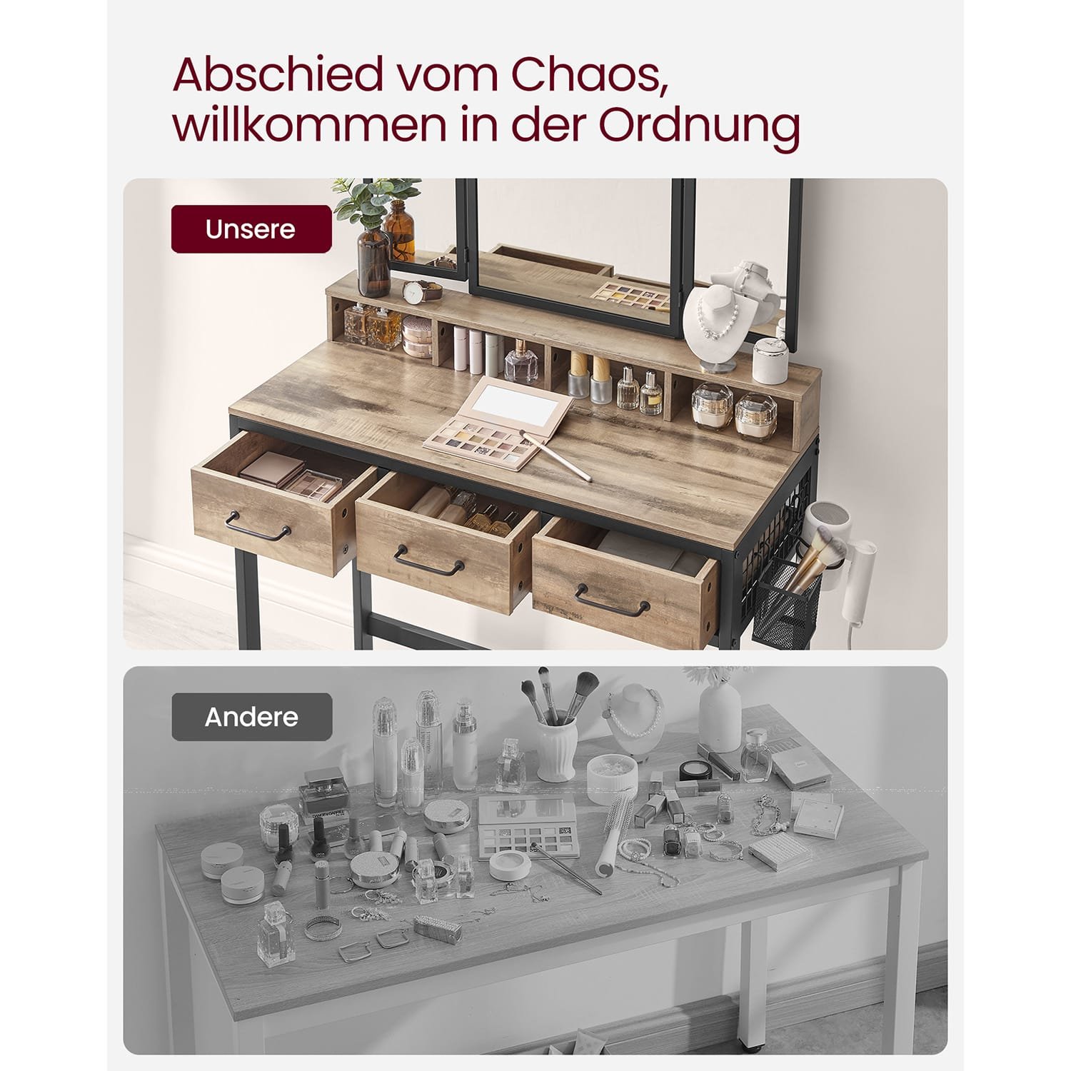 Sminkbord med Vadderad Pall, Trippelspegel, Kosmetikabord, Industriell Stil, Ekbrun/svart 6 Sminkbord med Vadderad Pall, Trippelspegel, Kosmetikabord, Industriell Stil, Ekbrun/svart - Bild 6