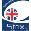 Strix logotyp med brittisk flagga och teknikdesign.