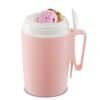 Pink termos med lock och sked, perfekt för kaffe eller te.