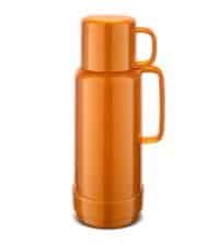 Orange termosflaska med handtag för varm och kall dryck.