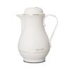 Vit termoskanna med lock och handtag för kaffe eller te.