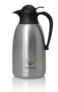 Kaffetermos i rostfritt stål med svart lock och handtag.