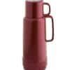 Röd termos med lock och handtag, 1-liters kapacitet, Burgund färg.