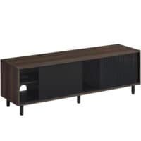 Modern TV-bänk i askbrun och bläcksvart med räfflat glas.