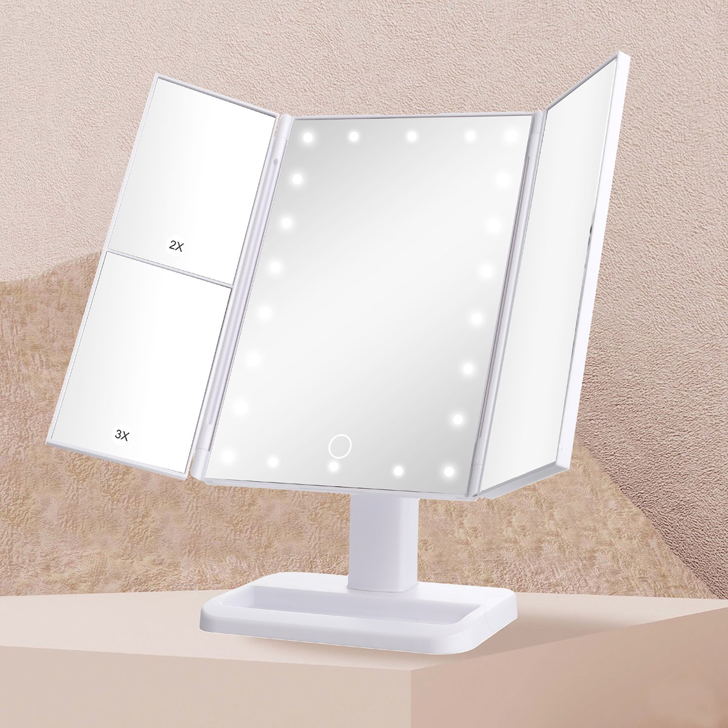 Hopfällbar sminkspegel med 3 sidor, dimbar belysning, 21 LED-lampor, bordsspegel - vit 3 Hopfällbar sminkspegel med 3 sidor, dimbar belysning, 21 LED-lampor, bordsspegel - vit - Bild 3