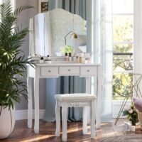 VASAGLE Vanity Set, Dressing Table Set with Large Frameless Mirror for Makeup, 5 Drawers and a Removable Storage Organiser, Cushioned Stool, White RDT25WT - Bild 3