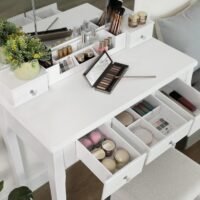 VASAGLE Vanity Set, Dressing Table Set with Large Frameless Mirror for Makeup, 5 Drawers and a Removable Storage Organiser, Cushioned Stool, White RDT25WT - Bild 4