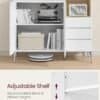 Modern white sideboard with adjustable shelves, drawers, and open compartment.