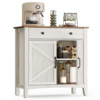 Skänk, Förvaringsskåp med låda, Köksskåp med dörrar, Rustikt vitt och honungsbrunt