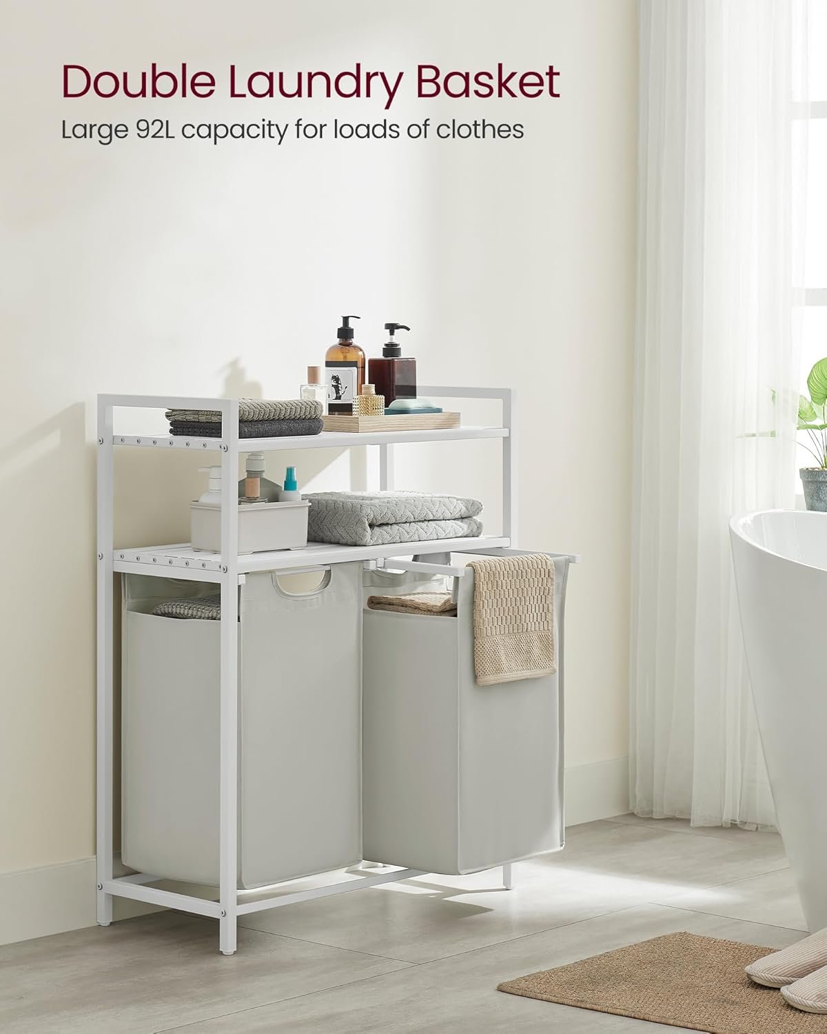 Tvättkorg, tvättsorterare med 2 utdragbara fack, vit 3 Tvättkorg, tvättsorterare med 2 utdragbara fack, vit - Bild 3