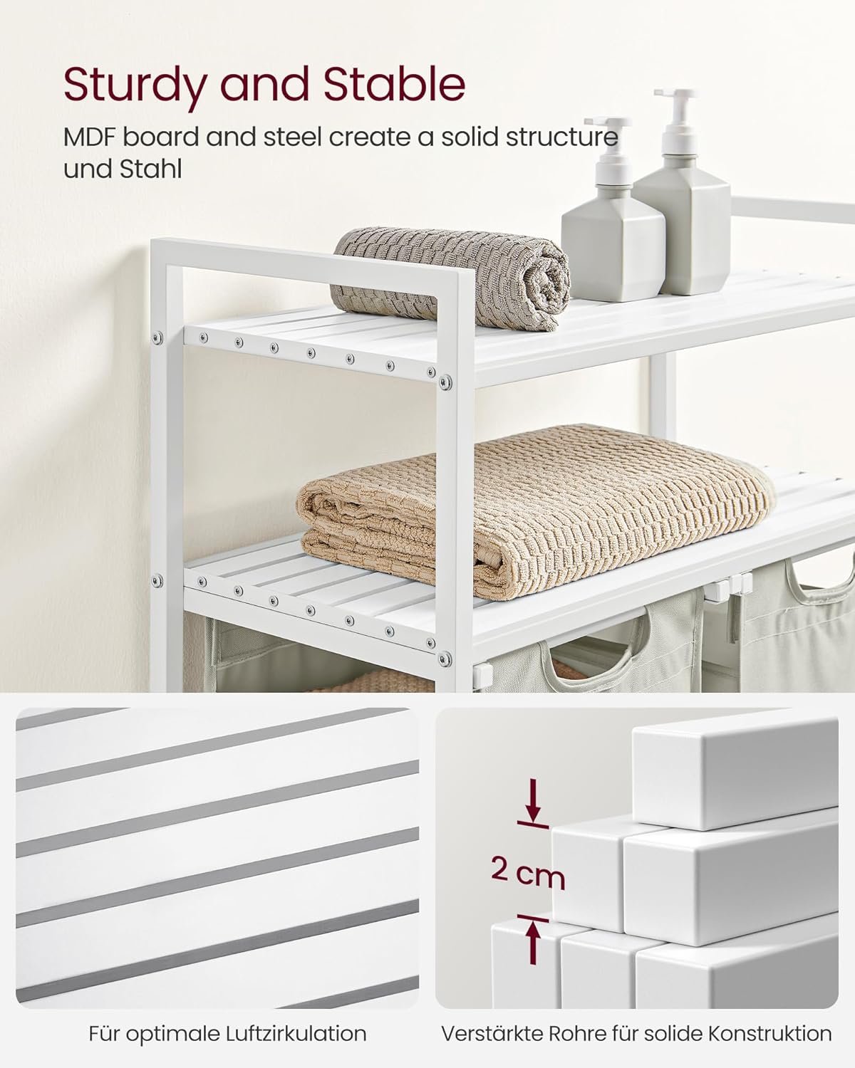 Tvättkorg, tvättsorterare med 2 utdragbara fack, vit 5 Tvättkorg, tvättsorterare med 2 utdragbara fack, vit - Bild 5