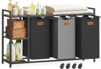 Tvättkorg med 3 fack, 150 l, rullande tvättvagn, svart och duvgrå