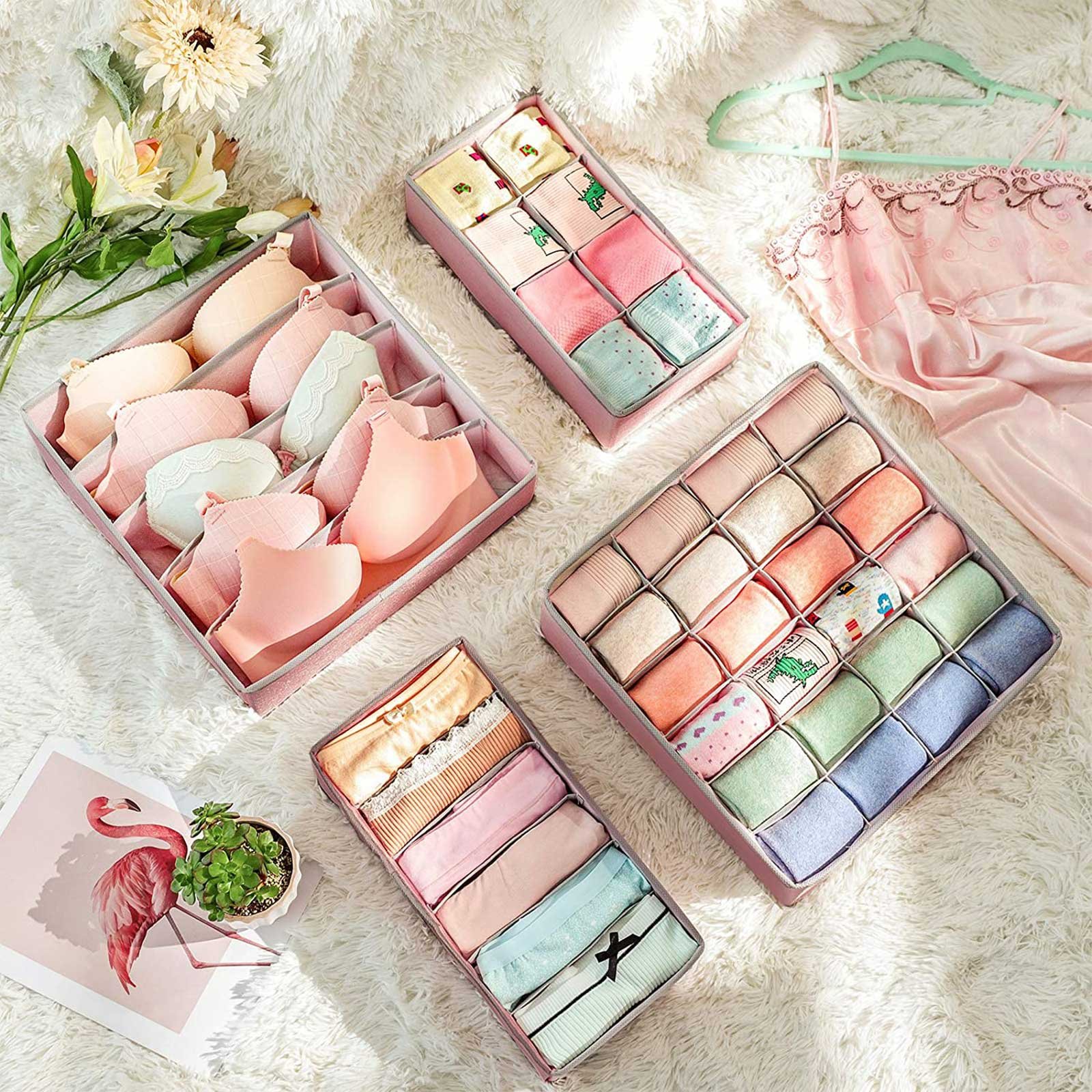 SONGMICS Set of 4 Underwear Drawer Organisers, Wardrobe Organisers for Bras, Undies, Ties, and Socks, Foldable Fabric Storage Boxes, Pink RUS04PK 2 SONGMICS Set of 4 Underwear Drawer Organisers, Wardrobe Organisers for Bras, Undies, Ties, and Socks, Foldable Fabric Storage Boxes, Pink RUS04PK - Bild 2