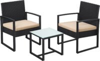 SONGMICS GGF010M05 Balcony Garden Furniture Set, PE Polyrattan Lounge Set, Table and 2 Chairs, Patio Furniture, Easy Assembly, Outdoor, for Patio, Balcony, Garden, Black/Beige