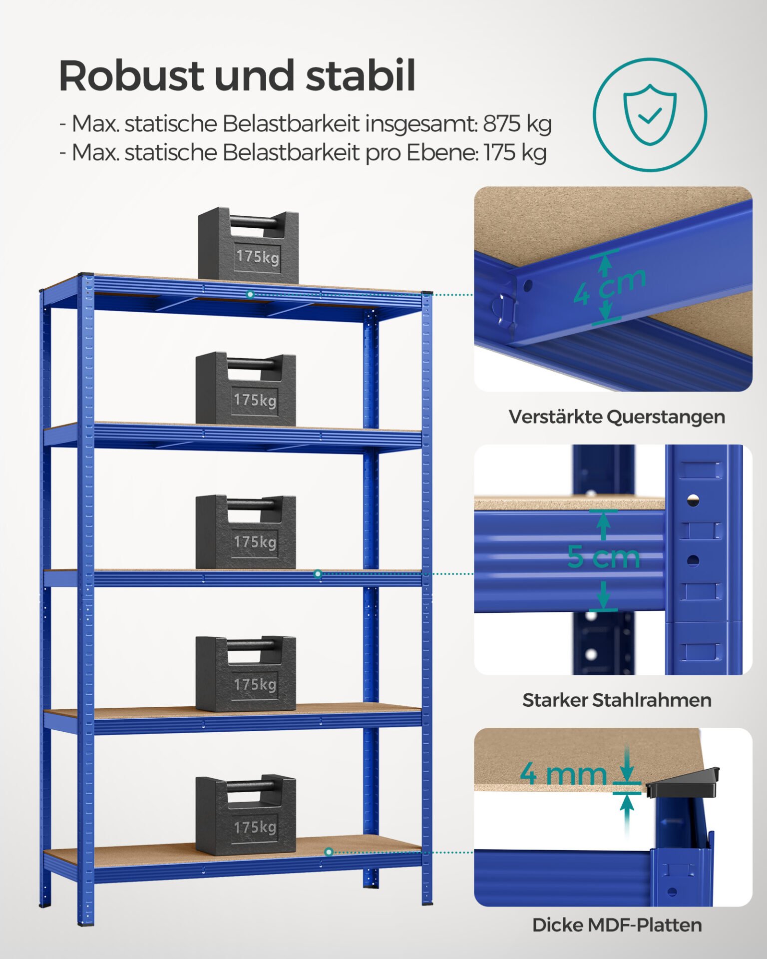 SONGMICS 5-Tier Shelving Unit, Steel Shelving Unit for Storage, Tool-Free Assembly, for Garage, Shed, Load Capacity 875 kg, 60 x 120 x 200 cm, Blue GLR060Q01 3 SONGMICS 5-Tier Shelving Unit, Steel Shelving Unit for Storage, Tool-Free Assembly, for Garage, Shed, Load Capacity 875 kg, 60 x 120 x 200 cm, Blue GLR060Q01 - Bild 3