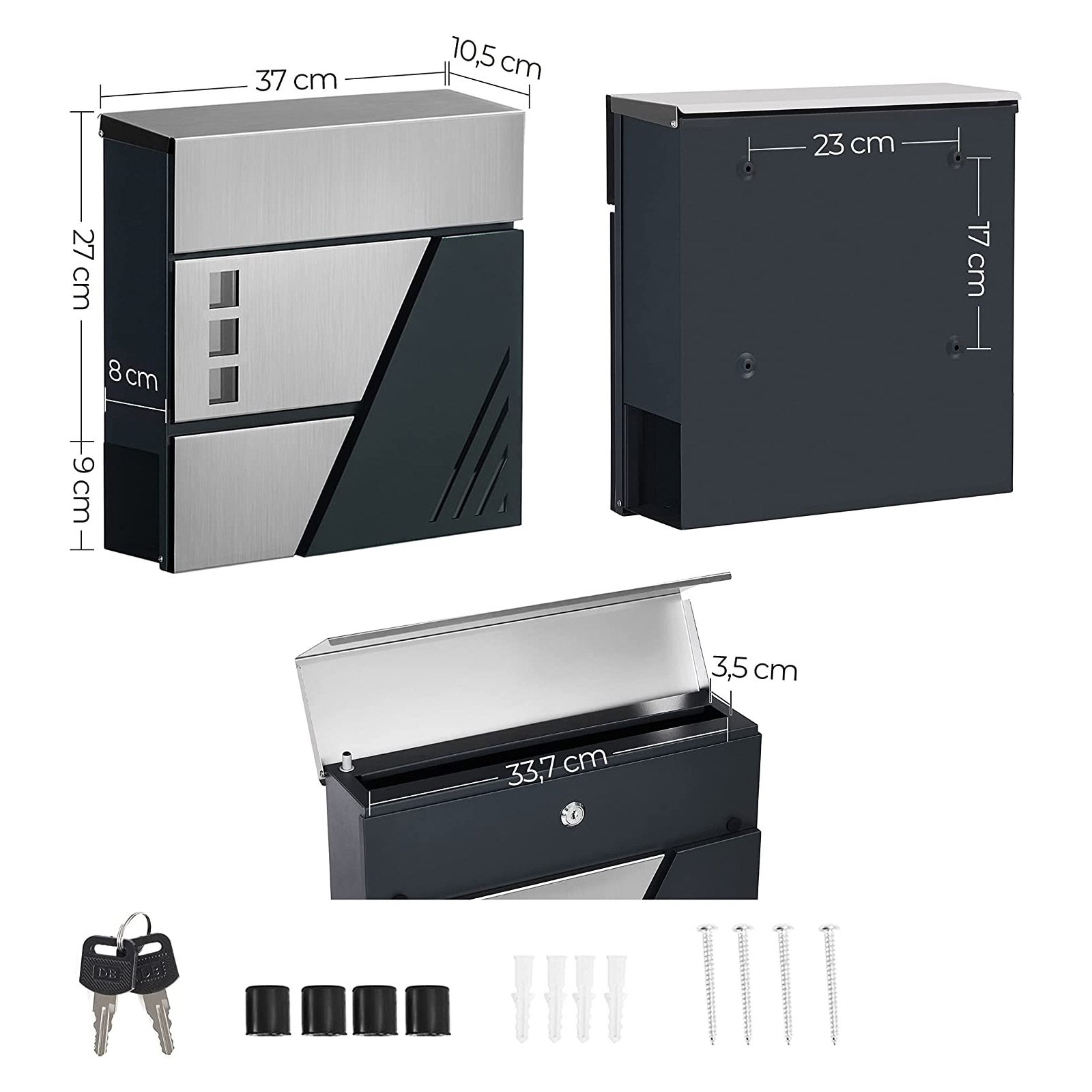 SONGMICS Mailbox, Wall-Mounted Letter Box with Viewing Windows, Stainless Steel for Porch and Front Door, with Lock and Keys, Silver and Anthracite Grey GMB053G01 6 SONGMICS Mailbox, Wall-Mounted Letter Box with Viewing Windows, Stainless Steel for Porch and Front Door, with Lock and Keys, Silver and Anthracite Grey GMB053G01 - Bild 6