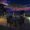 Garden parasol with solar-powered LED lights and tilting feature.