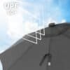 Stor svart parasol med solskydd och LED-lampor, UPF 50+ skydd, tiltbjälke och vev för öppning och.