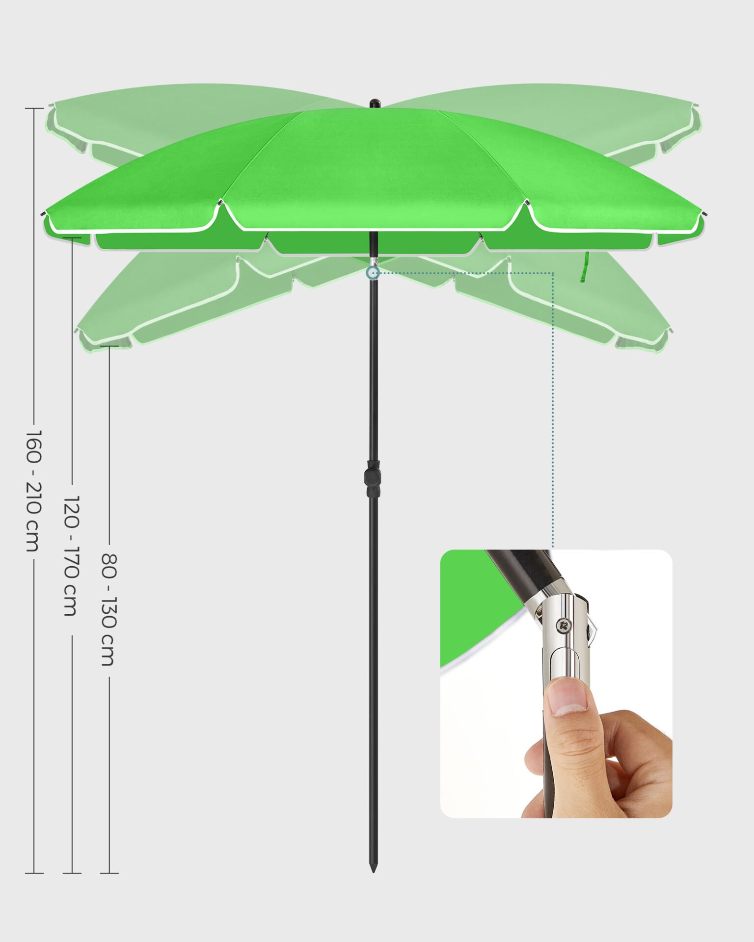 SONGMICS 1.6 m Parasol, Beach Umbrella, UPF 50+, Sun Protection, Portable Octagonal Polyester Canopy, Fibreglass Ribs, Tilt Mechanism, Carry Bag, for Beach Garden Balcony Pool, Green GPU60GN 6 SONGMICS 1.6 m Parasol, Beach Umbrella, UPF 50+, Sun Protection, Portable Octagonal Polyester Canopy, Fibreglass Ribs, Tilt Mechanism, Carry Bag, for Beach Garden Balcony Pool, Green GPU60GN - Bild 6