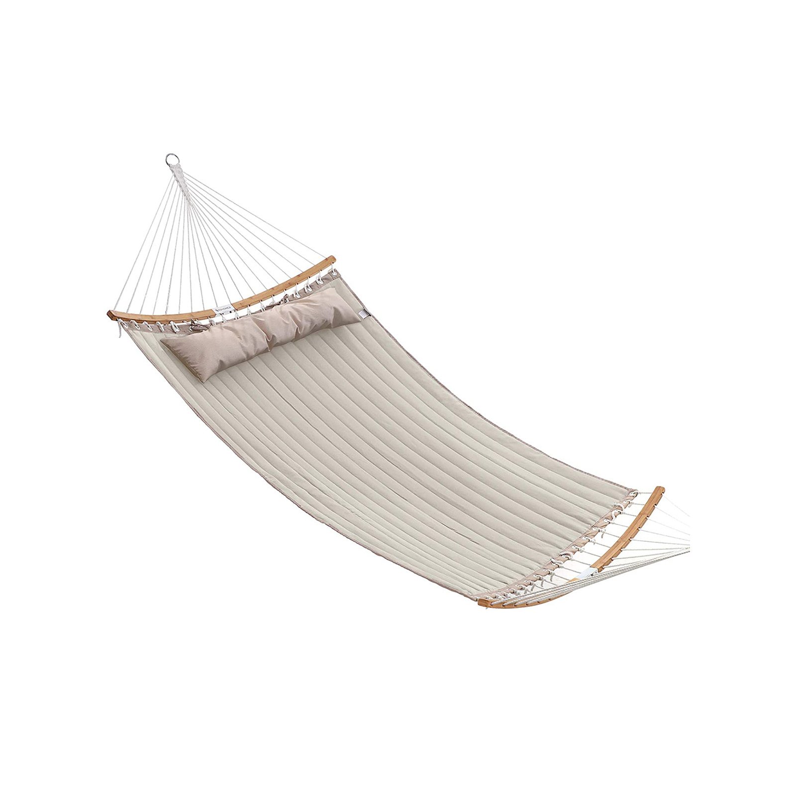SONGMICS Padded Double Hammock, Quilted Hammock with Detachable Curved Bamboo Spreader Bars, Swing Bed with Pillow, Oxford Fabric, 200 x 140 cm, Load Capacity 225 kg, Cream and Beige GDC34BE 1 SONGMICS Padded Double Hammock, Quilted Hammock with Detachable Curved Bamboo Spreader Bars, Swing Bed with Pillow, Oxford Fabric, 200 x 140 cm, Load Capacity 225 kg, Cream and Beige GDC34BE