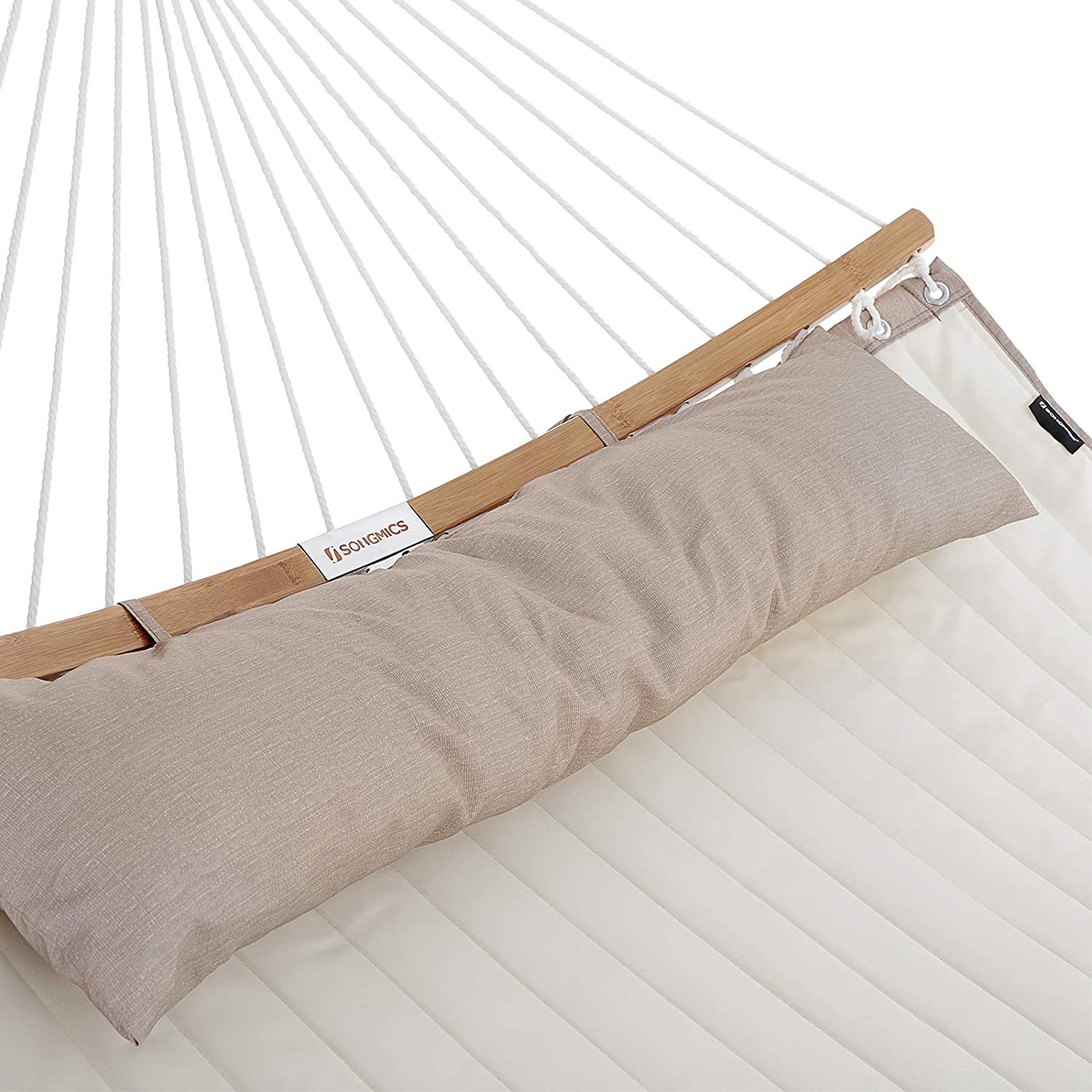 SONGMICS Padded Double Hammock, Quilted Hammock with Detachable Curved Bamboo Spreader Bars, Swing Bed with Pillow, Oxford Fabric, 200 x 140 cm, Load Capacity 225 kg, Cream and Beige GDC34BE 5 SONGMICS Padded Double Hammock, Quilted Hammock with Detachable Curved Bamboo Spreader Bars, Swing Bed with Pillow, Oxford Fabric, 200 x 140 cm, Load Capacity 225 kg, Cream and Beige GDC34BE - Bild 5