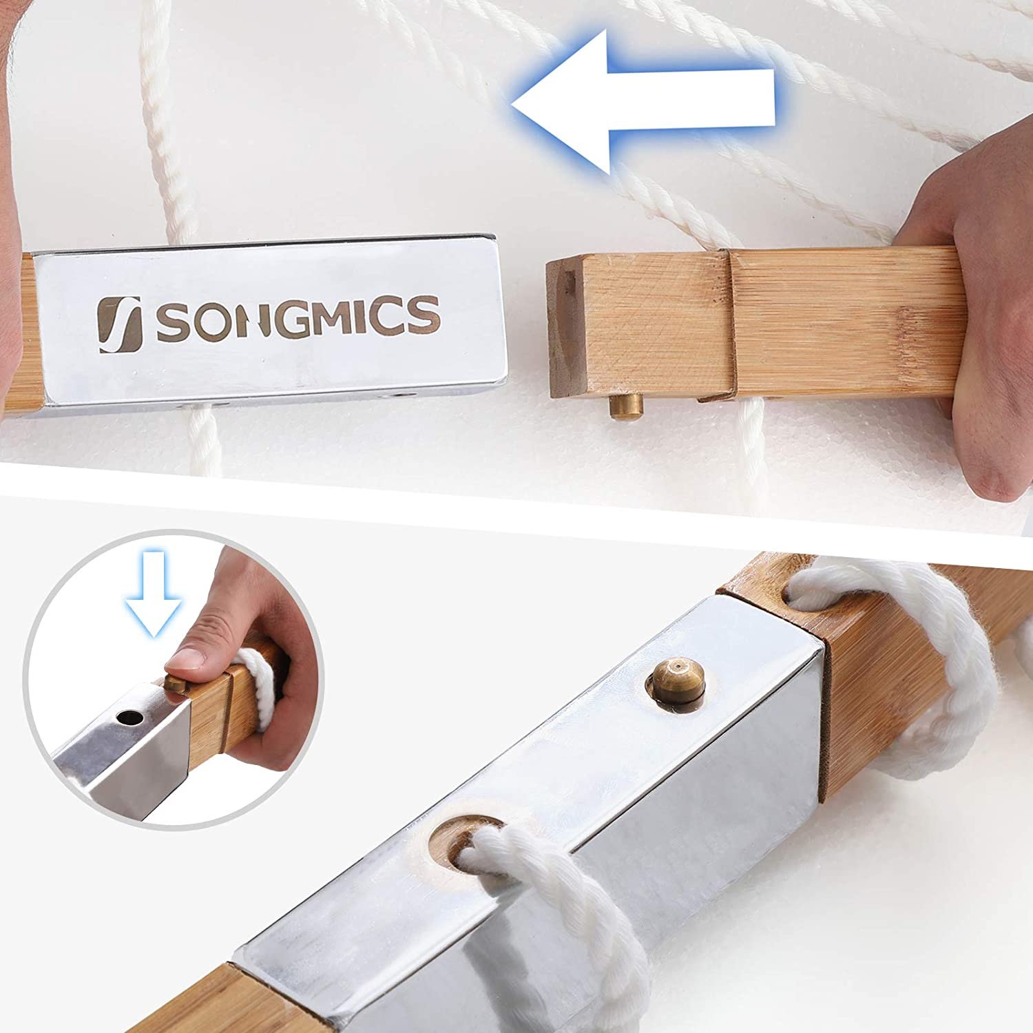 SONGMICS Padded Double Hammock, Quilted Hammock with Detachable Curved Bamboo Spreader Bars, Swing Bed with Pillow, Oxford Fabric, 200 x 140 cm, Load Capacity 225 kg, Cream and Beige GDC34BE 7 SONGMICS Padded Double Hammock, Quilted Hammock with Detachable Curved Bamboo Spreader Bars, Swing Bed with Pillow, Oxford Fabric, 200 x 140 cm, Load Capacity 225 kg, Cream and Beige GDC34BE - Bild 7