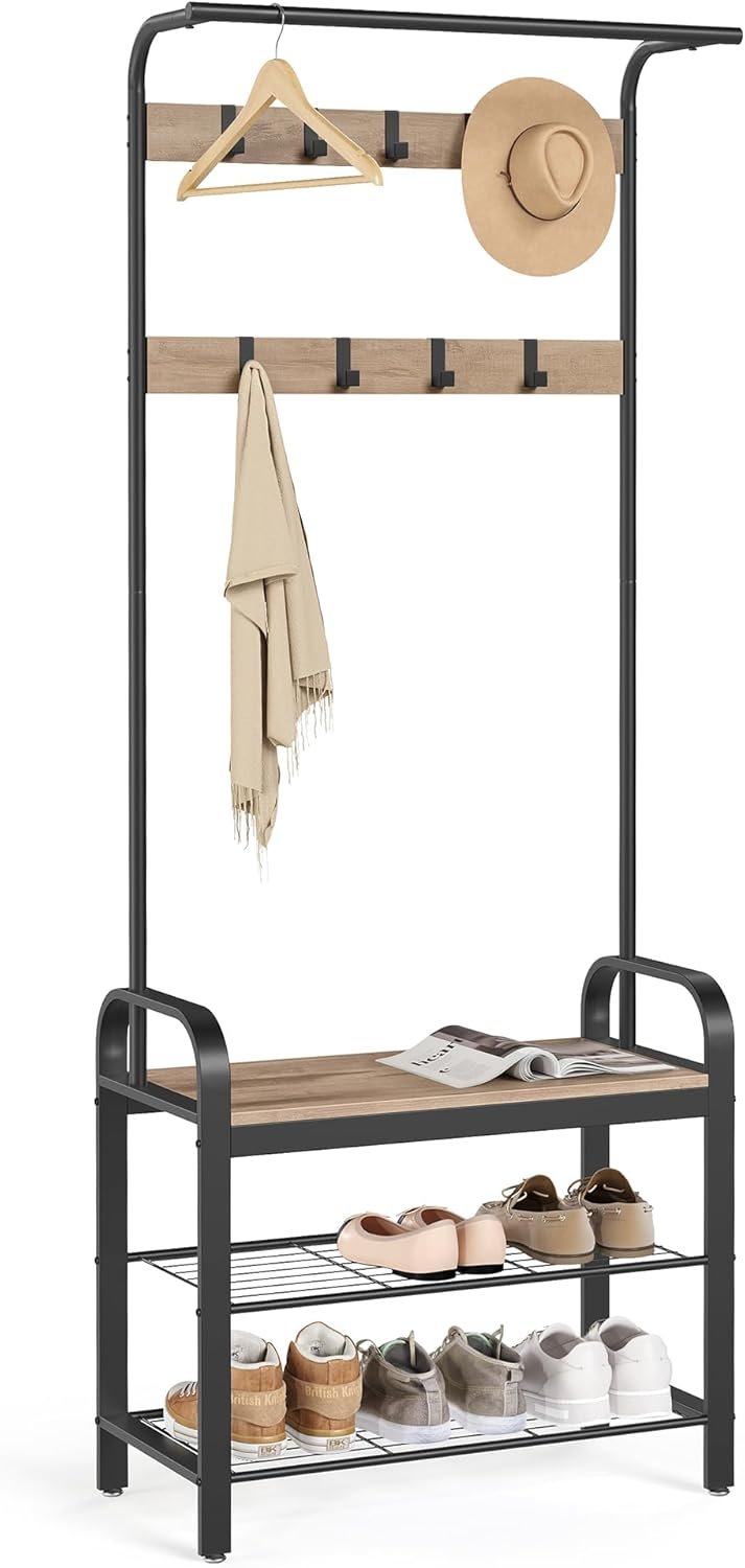 VASAGLE Coat Rack, Coat Stand with Shoe Storage Bench, 4-in-1 Design, with 9 Removable Hooks, a Clothes Rail, for Hallway, Entrance, 34 x 72 x 183 cm, Industrial, Camel Brown and Ink Black HSR040K02 1 VASAGLE Coat Rack, Coat Stand with Shoe Storage Bench, 4-in-1 Design, with 9 Removable Hooks, a Clothes Rail, for Hallway, Entrance, 34 x 72 x 183 cm, Industrial, Camel Brown and Ink Black HSR040K02