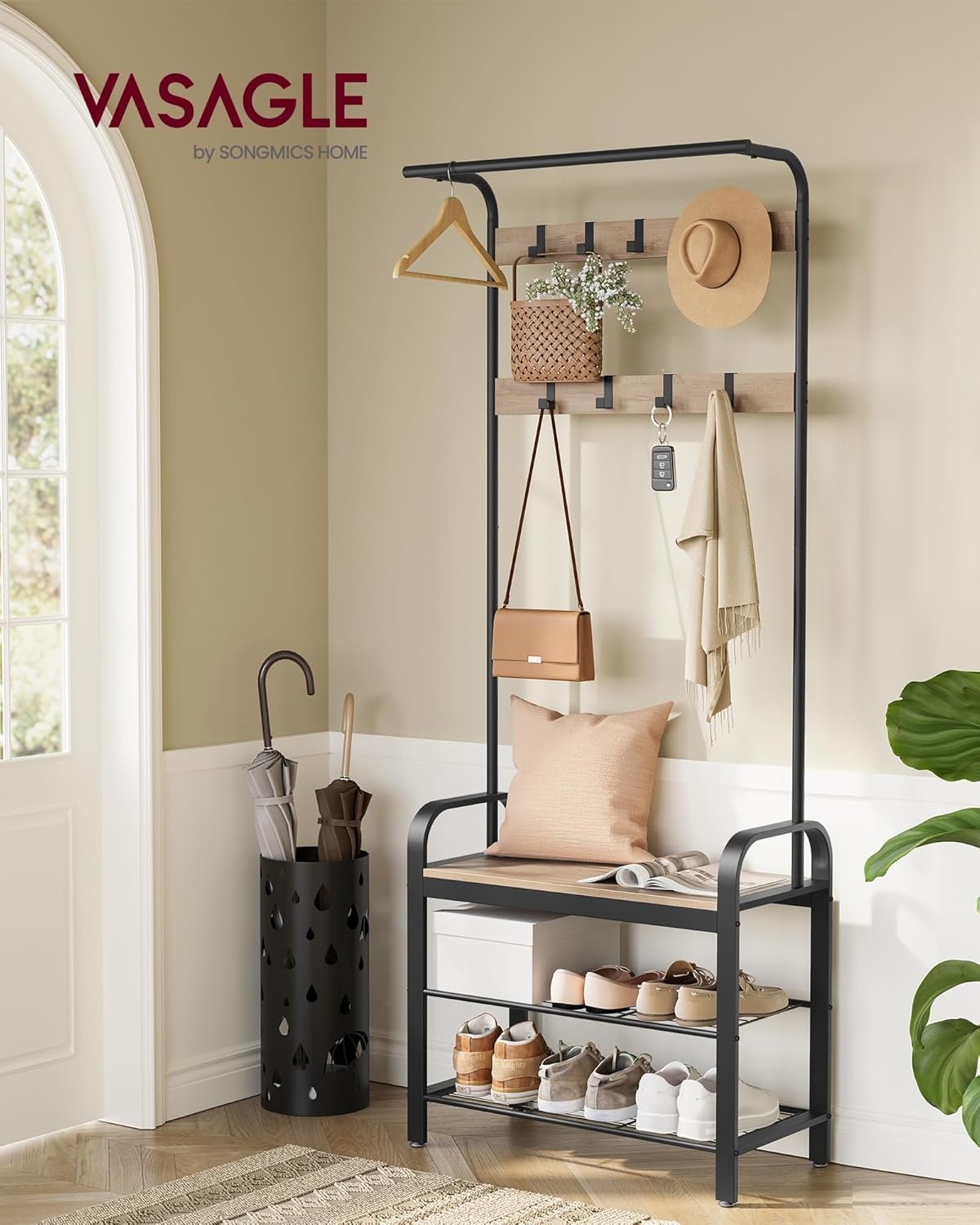 VASAGLE Coat Rack, Coat Stand with Shoe Storage Bench, 4-in-1 Design, with 9 Removable Hooks, a Clothes Rail, for Hallway, Entrance, 34 x 72 x 183 cm, Industrial, Camel Brown and Ink Black HSR040K02 2 VASAGLE Coat Rack, Coat Stand with Shoe Storage Bench, 4-in-1 Design, with 9 Removable Hooks, a Clothes Rail, for Hallway, Entrance, 34 x 72 x 183 cm, Industrial, Camel Brown and Ink Black HSR040K02 - Bild 2