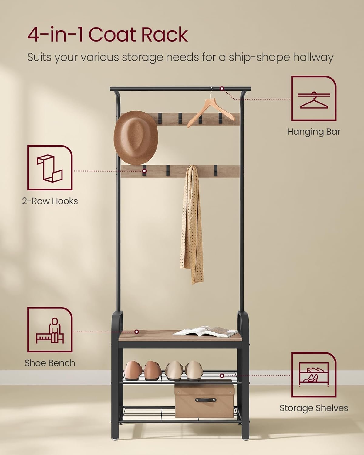 VASAGLE Coat Rack, Coat Stand with Shoe Storage Bench, 4-in-1 Design, with 9 Removable Hooks, a Clothes Rail, for Hallway, Entrance, 34 x 72 x 183 cm, Industrial, Camel Brown and Ink Black HSR040K02 3 VASAGLE Coat Rack, Coat Stand with Shoe Storage Bench, 4-in-1 Design, with 9 Removable Hooks, a Clothes Rail, for Hallway, Entrance, 34 x 72 x 183 cm, Industrial, Camel Brown and Ink Black HSR040K02 - Bild 3