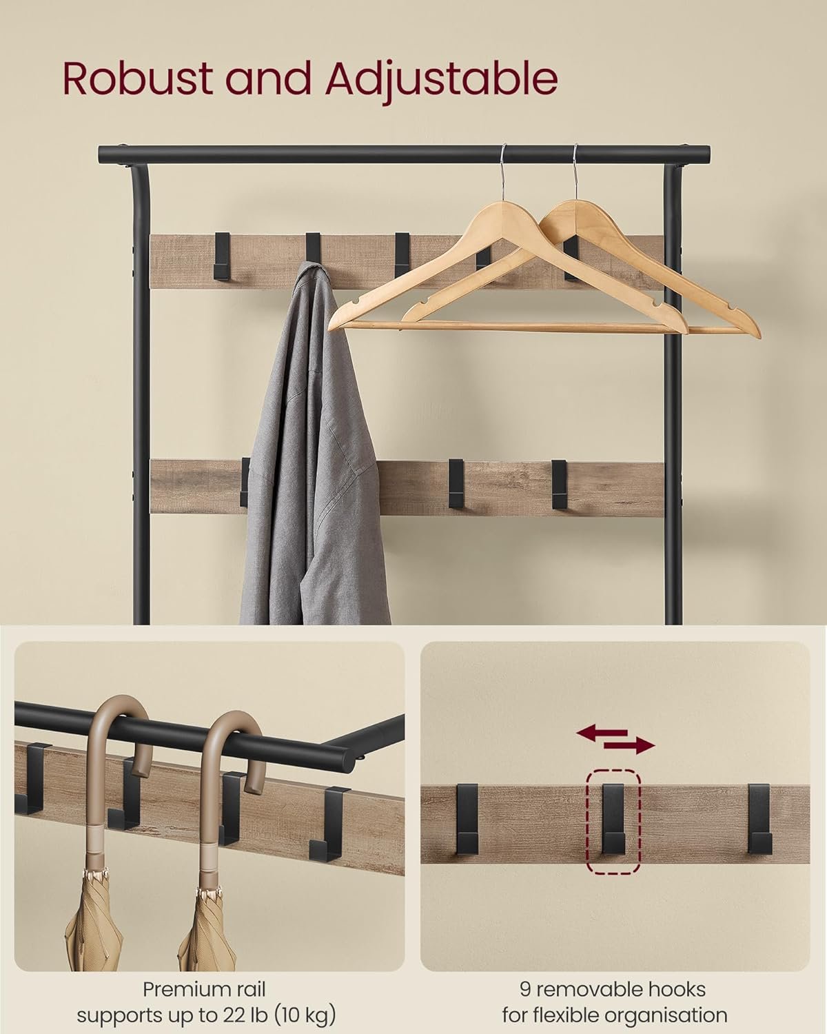 VASAGLE Coat Rack, Coat Stand with Shoe Storage Bench, 4-in-1 Design, with 9 Removable Hooks, a Clothes Rail, for Hallway, Entrance, 34 x 72 x 183 cm, Industrial, Camel Brown and Ink Black HSR040K02 4 VASAGLE Coat Rack, Coat Stand with Shoe Storage Bench, 4-in-1 Design, with 9 Removable Hooks, a Clothes Rail, for Hallway, Entrance, 34 x 72 x 183 cm, Industrial, Camel Brown and Ink Black HSR040K02 - Bild 4
