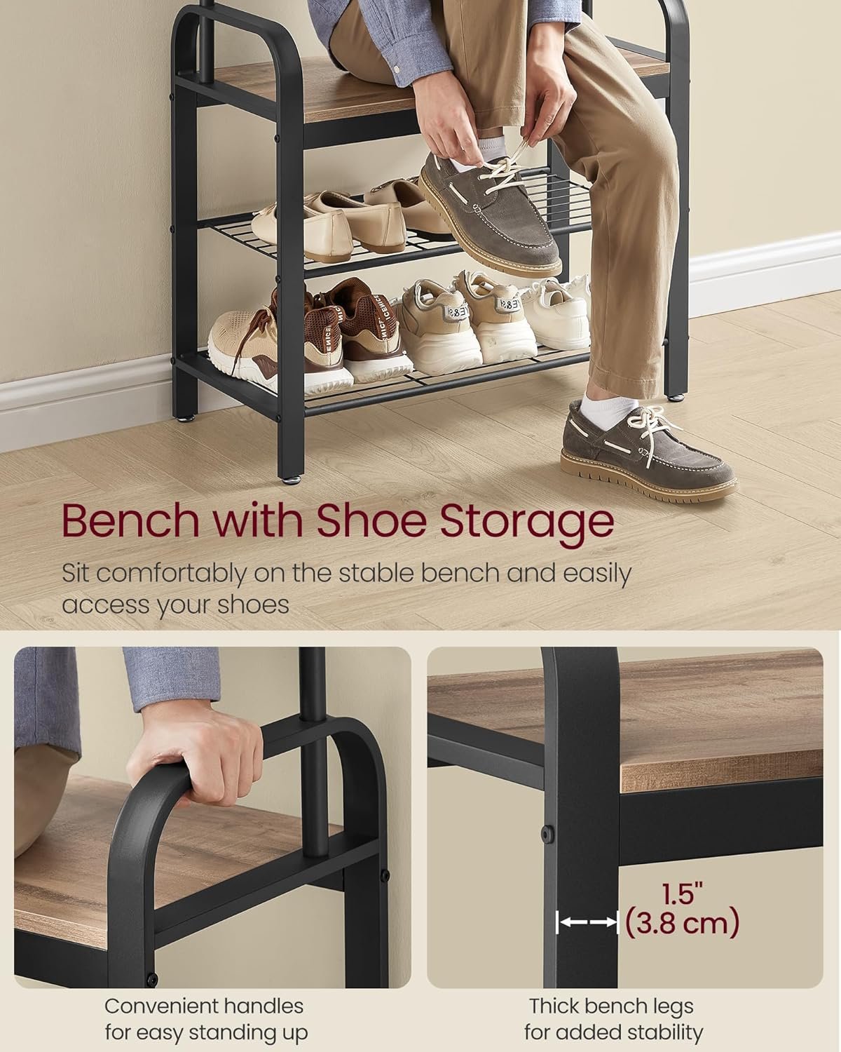 VASAGLE Coat Rack, Coat Stand with Shoe Storage Bench, 4-in-1 Design, with 9 Removable Hooks, a Clothes Rail, for Hallway, Entrance, 34 x 72 x 183 cm, Industrial, Camel Brown and Ink Black HSR040K02 5 VASAGLE Coat Rack, Coat Stand with Shoe Storage Bench, 4-in-1 Design, with 9 Removable Hooks, a Clothes Rail, for Hallway, Entrance, 34 x 72 x 183 cm, Industrial, Camel Brown and Ink Black HSR040K02 - Bild 5