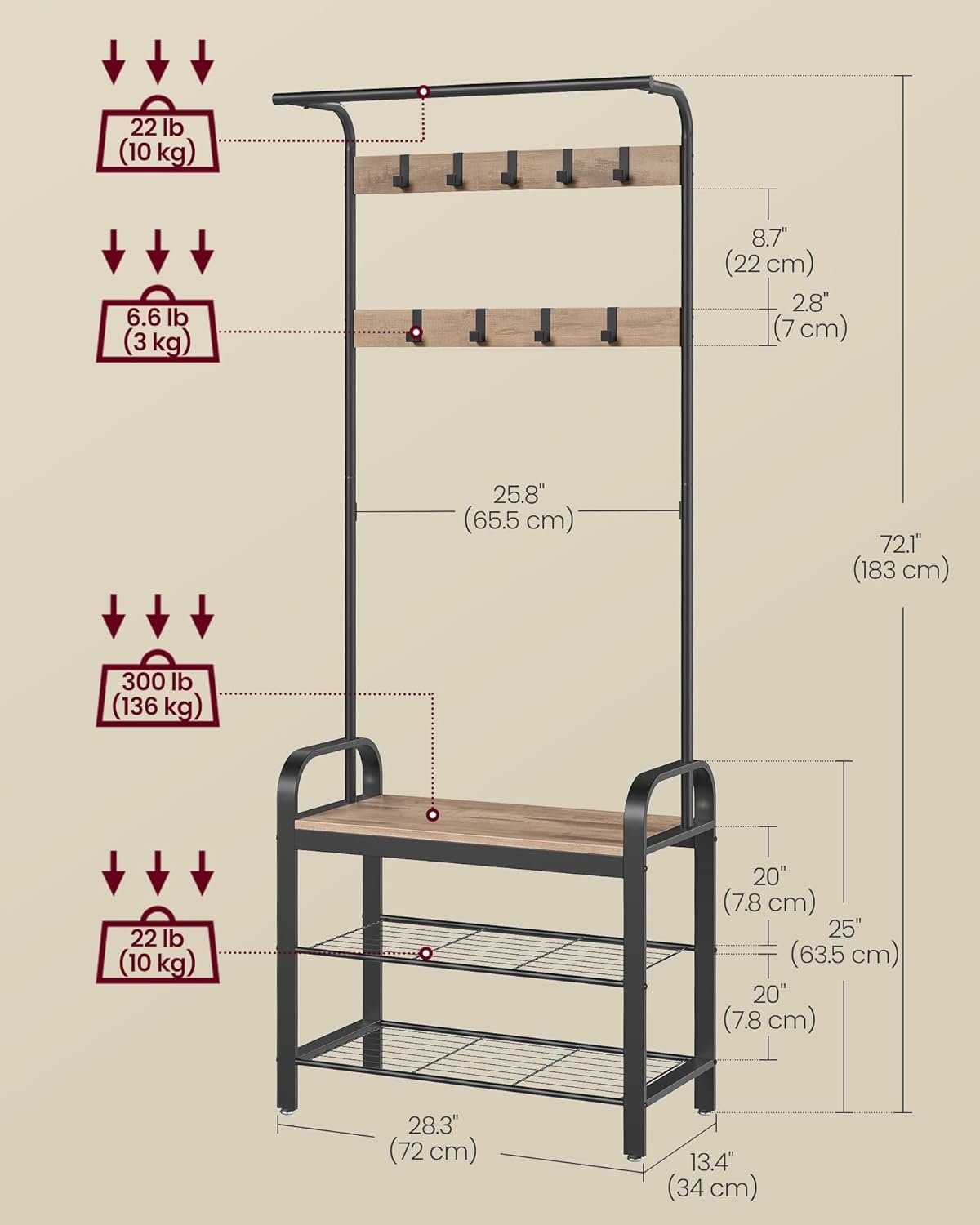 VASAGLE Coat Rack, Coat Stand with Shoe Storage Bench, 4-in-1 Design, with 9 Removable Hooks, a Clothes Rail, for Hallway, Entrance, 34 x 72 x 183 cm, Industrial, Camel Brown and Ink Black HSR040K02 6 VASAGLE Coat Rack, Coat Stand with Shoe Storage Bench, 4-in-1 Design, with 9 Removable Hooks, a Clothes Rail, for Hallway, Entrance, 34 x 72 x 183 cm, Industrial, Camel Brown and Ink Black HSR040K02 - Bild 6