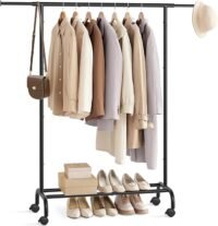 Klädstång, klädställning, utdragbar hängstång, klädförvaring med hjul, bläcksvart