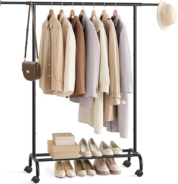 SONGMICS Clothes Rail, Clothes Rack, Extendable Hanging Rail, Clothing Storage with Wheels, 45 kg Total Max. Load, 40 x (83-120) x 156 cm, Ink Black HSR134B01 1 SONGMICS Clothes Rail, Clothes Rack, Extendable Hanging Rail, Clothing Storage with Wheels, 45 kg Total Max. Load, 40 x (83-120) x 156 cm, Ink Black HSR134B01