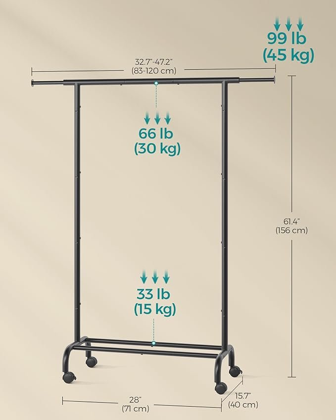 SONGMICS Clothes Rail, Clothes Rack, Extendable Hanging Rail, Clothing Storage with Wheels, 45 kg Total Max. Load, 40 x (83-120) x 156 cm, Ink Black HSR134B01 6 SONGMICS Clothes Rail, Clothes Rack, Extendable Hanging Rail, Clothing Storage with Wheels, 45 kg Total Max. Load, 40 x (83-120) x 156 cm, Ink Black HSR134B01 - Bild 6
