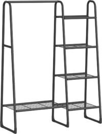 Klädstång, Fristående klädställning, 5 Förvaringshyllor, Metallram, Mattsvart