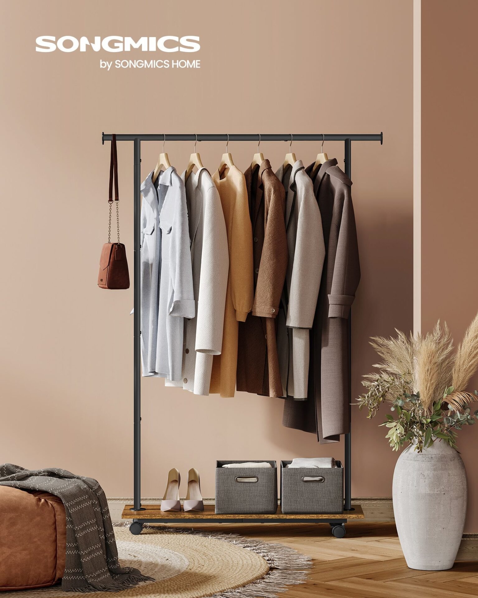 SONGMICS Clothes Rack on Wheels Clothes Rail with Shelf Coat Rail 98.5 cm Wide Total Load 50 kg Steel Coat Rack for Bedroom Vintage Brown Ink Black HSR151B01 2 SONGMICS Clothes Rack on Wheels Clothes Rail with Shelf Coat Rail 98.5 cm Wide Total Load 50 kg Steel Coat Rack for Bedroom Vintage Brown Ink Black HSR151B01 - Bild 2